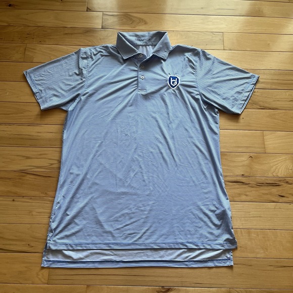 B Draddy Sport Polo Shirt Mens Medium Striped Blue Performance Golf Stretch - Picture 2 of 6